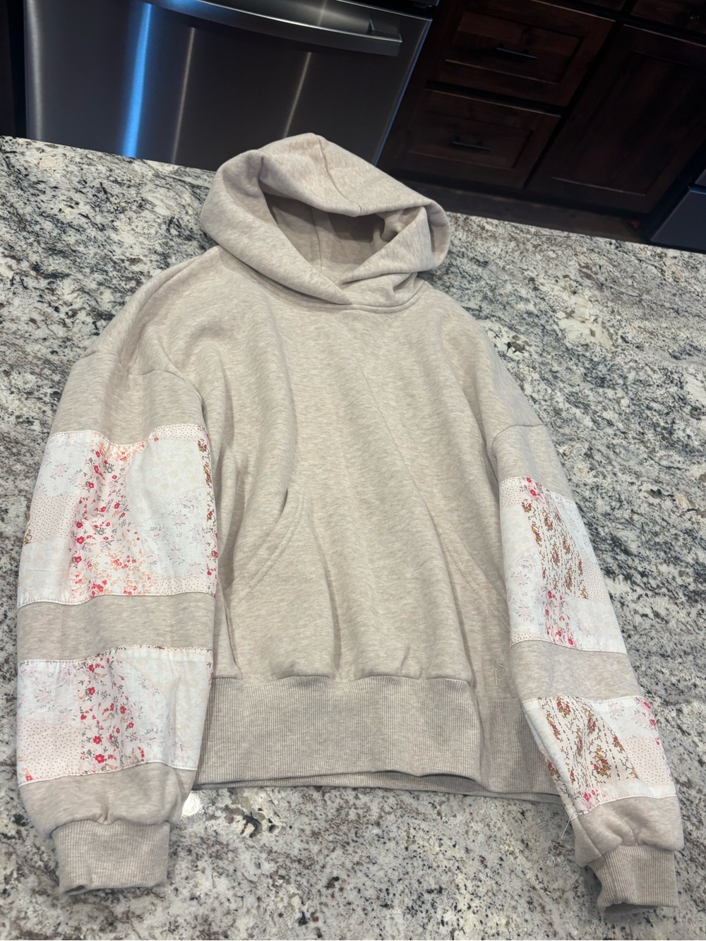 Beige Hoodie with Floral Patchwork Sleeves